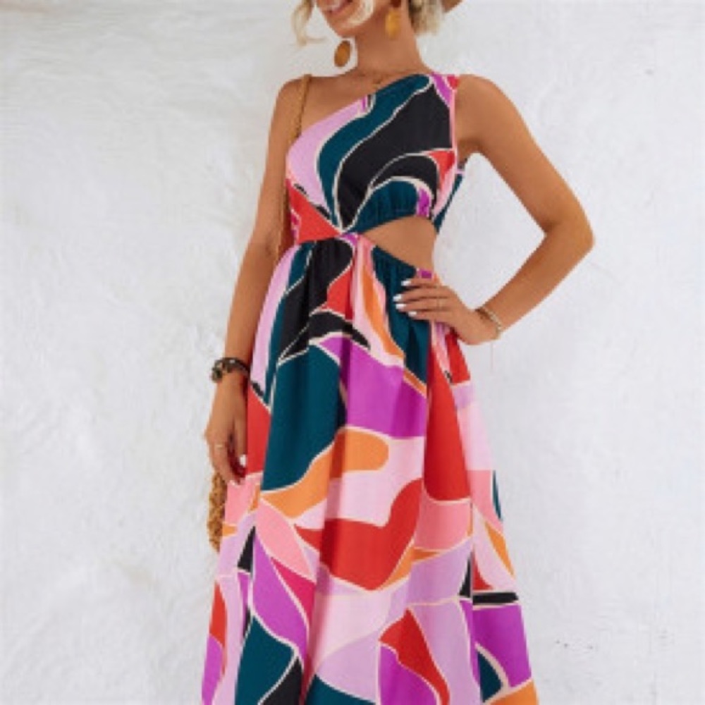 Anna Kaci Geometric Print Cutout Dress